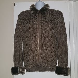 Liz Claiborne Knit Wool Zip Faux Fur Cuffs Sweater